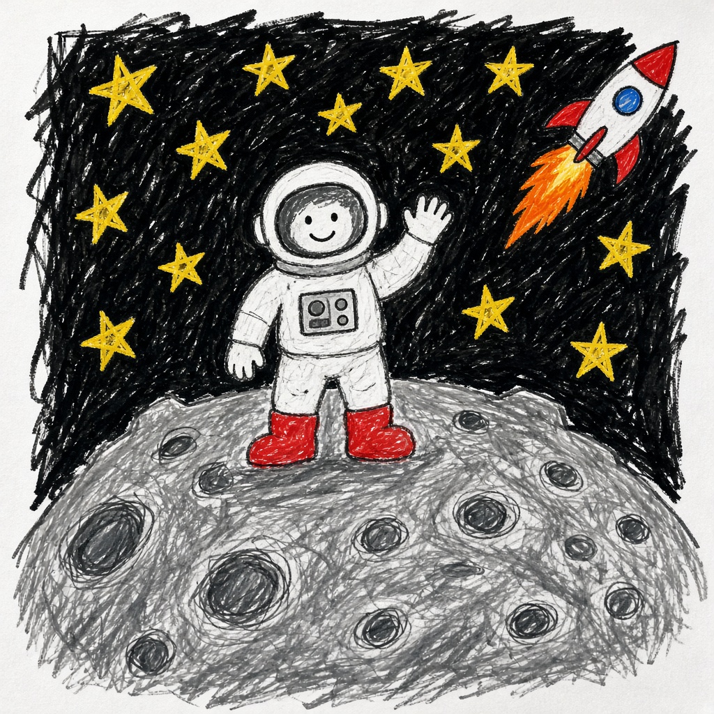 Child marker drawing of an astronaut waving on the moon