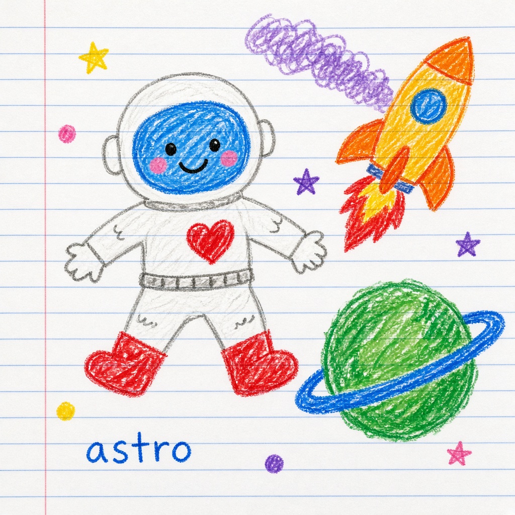 Child crayon drawing of a smiling astronaut