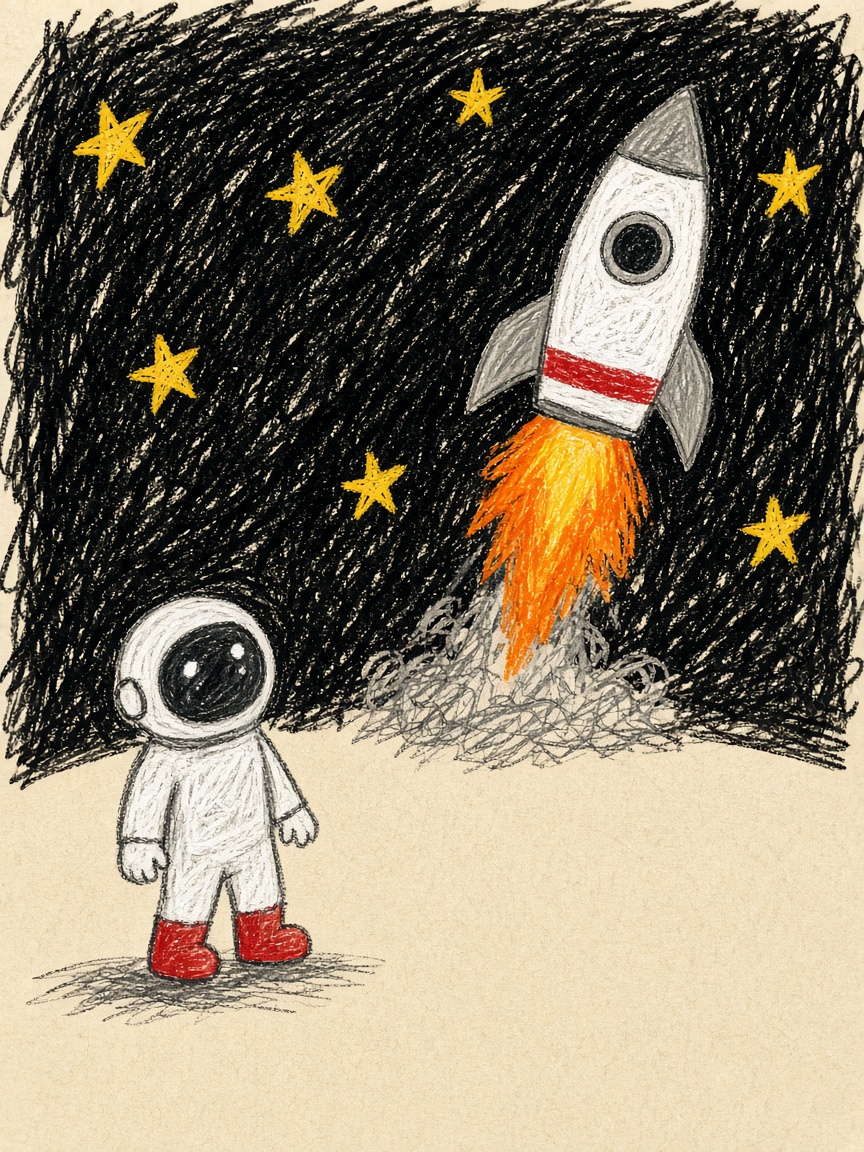 Child crayon drawing of an astronaut watching a rocket launch